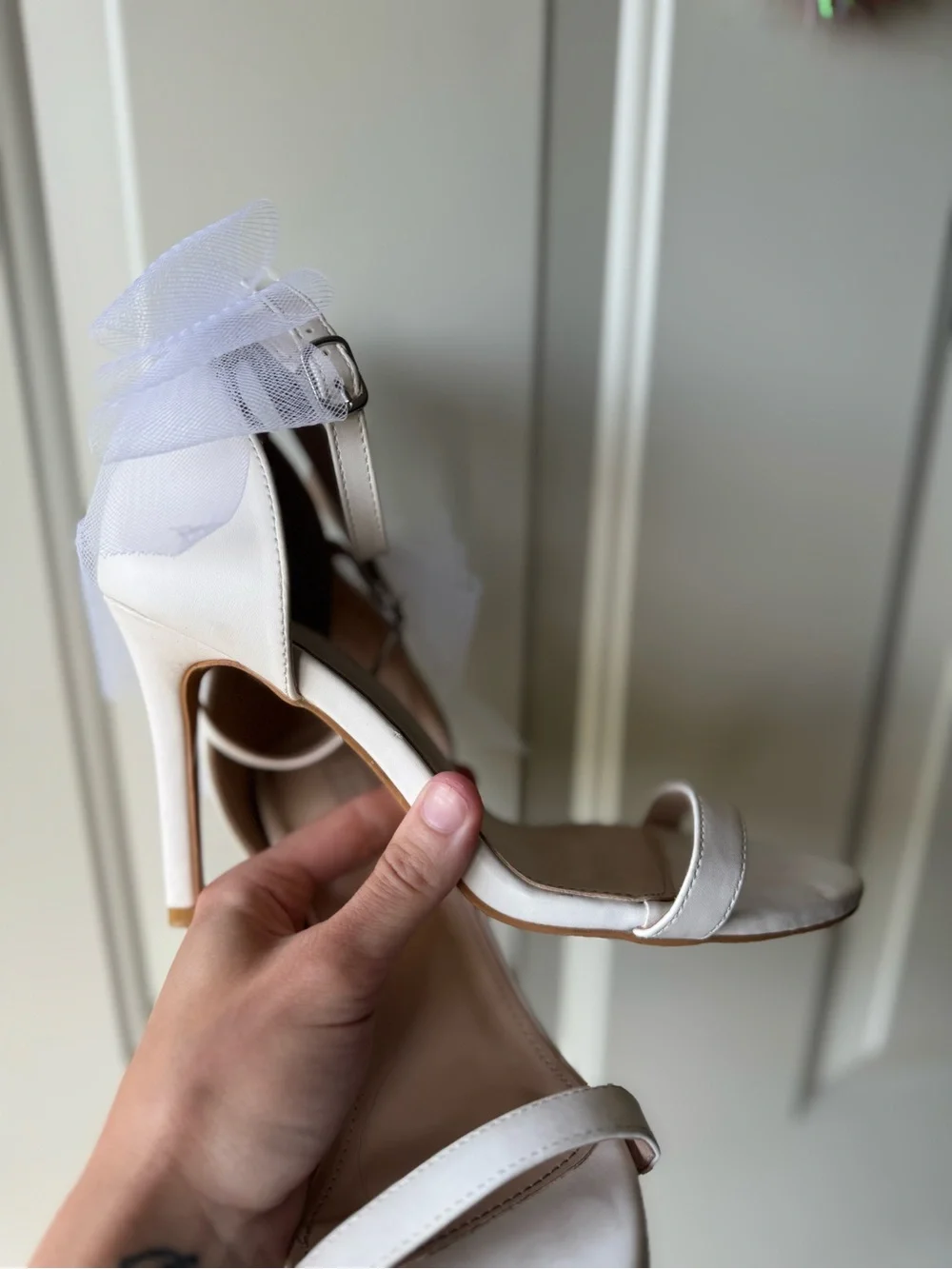 White Ankle-Strap Heels with Bridal Bow 7.5